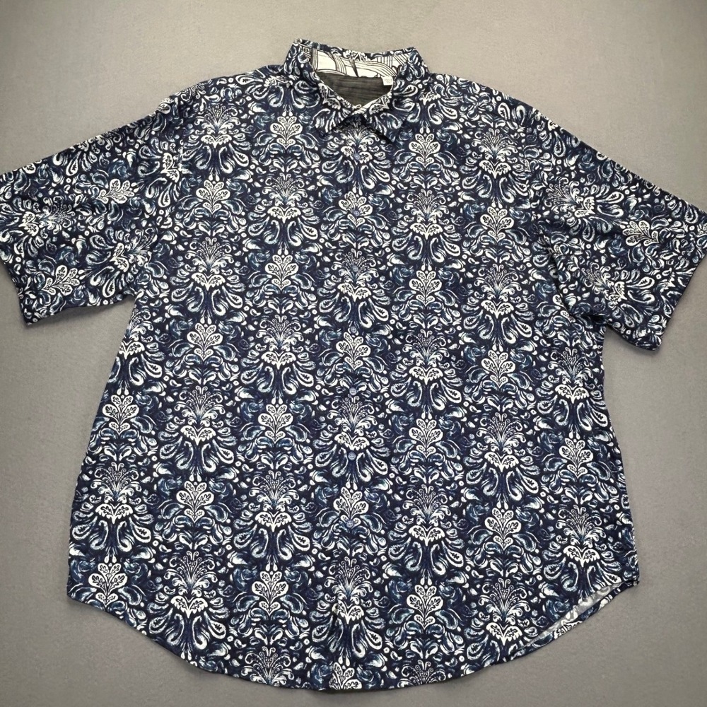 Robert‎ Graham Mens 2XLT Blue White Damask Short Sleeve Button Up Shirt Stretch